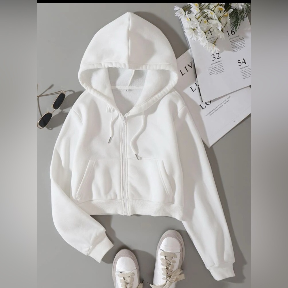 New SHEIN Women’s Full-zip Crop Hoodie Sweatshirt Jacket White Sz. Medium NWT